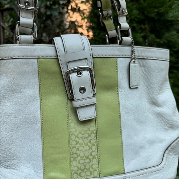 Coach Hampton White Leather Stripe Buckle Double Handle Satchel Shoulder Bag - Picture 3 of 9